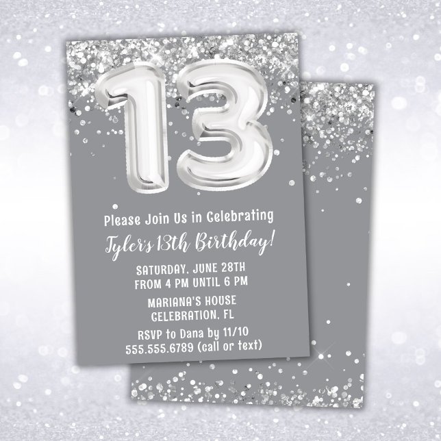 Gray and Silver 13th Birthday Invitation (Creator Uploaded)