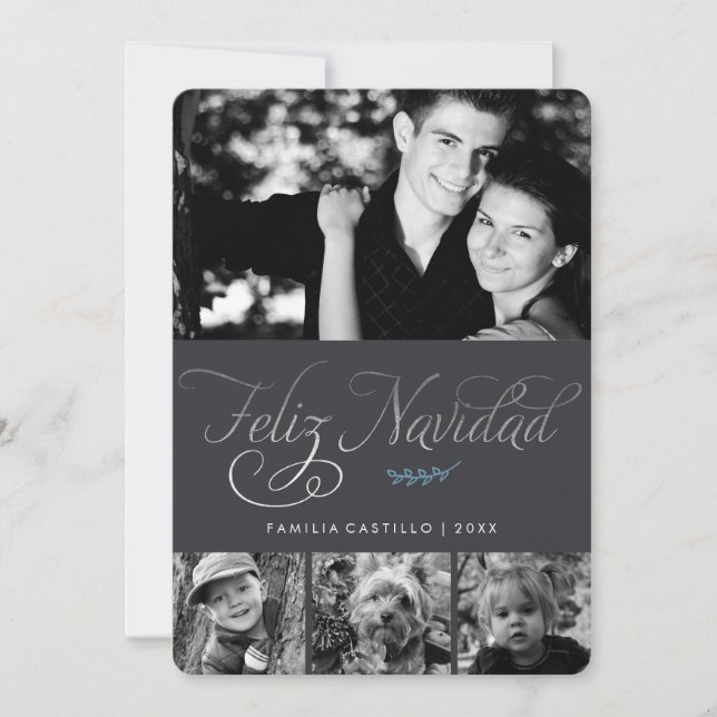 Gray and Silver Feliz Navidad Photo Holiday Card (Front)
