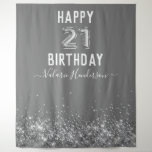 Gray and Silver Happy 21st Birthday Tapestry<br><div class="desc">Girly silver glitter,  gray background,  with fancy script name typography. Faux silver 21 balloon text. Great for 21st celebrations.</div>
