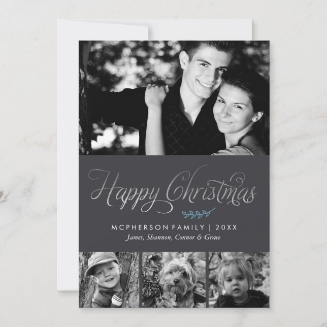 Gray and Silver Happy Christmas Photo Holiday Card (Front)
