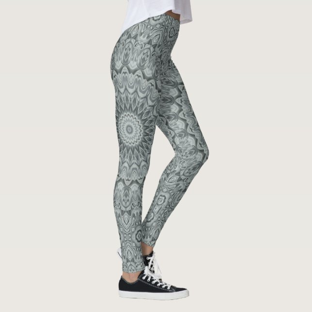 Gray and Silver Mandala Pattern Design Leggings (Right)