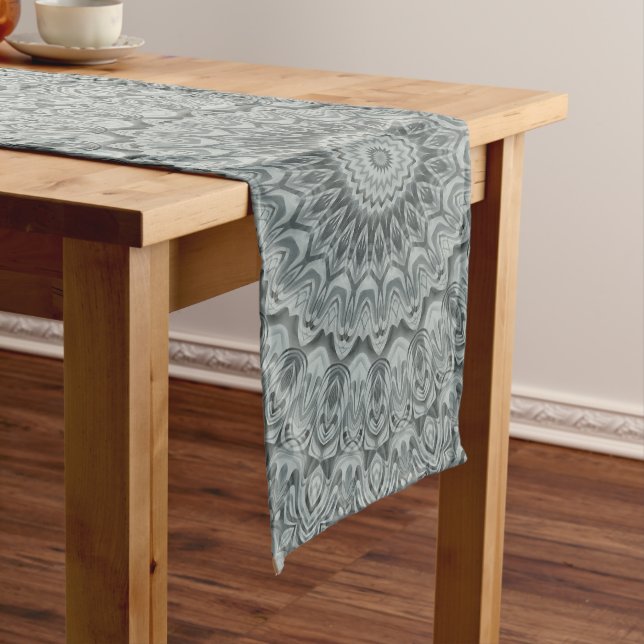 Gray and Silver Mandala Pattern Design Long Table Runner (In Situ)