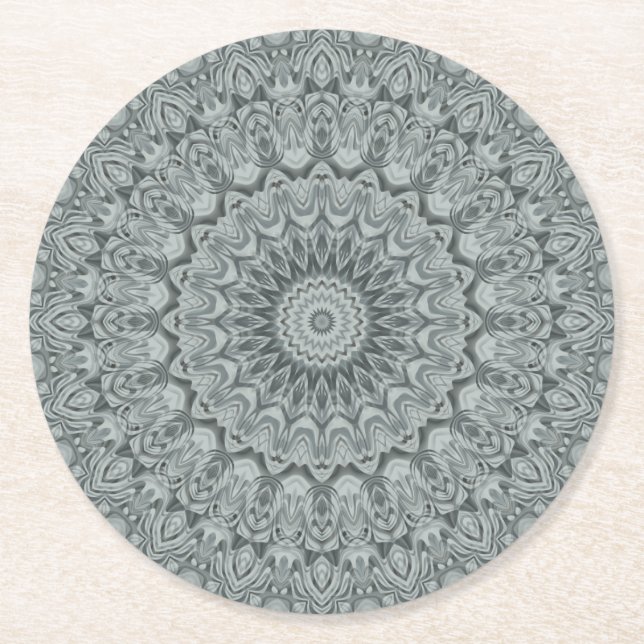 Gray and Silver Mandala Pattern Design Round Paper Coaster (Front)