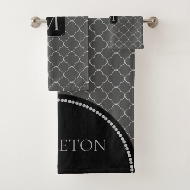 Gray and Silver Quatrefoil - Monogram Bath Towel Set (Insitu)