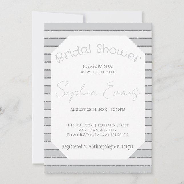 Gray and Silver Striped Bridal Shower Invitation (Front)