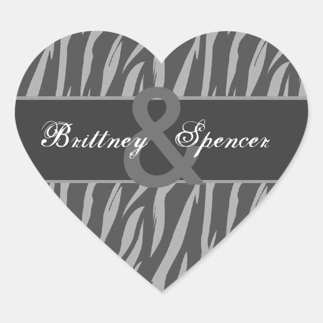 Gray and Silver Zebra Wedding Bride and Groom Heart Sticker (Front)