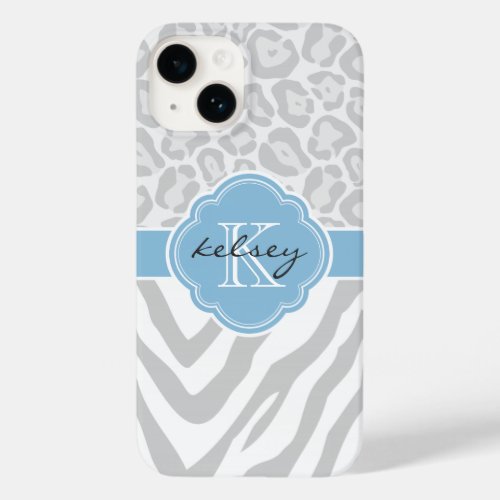 Gray and Sky Blue Animal Print Monogram Case_Mate iPhone 14 Case