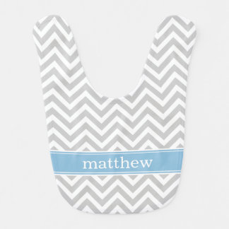 Gray and Sky Blue Chevron Monogram Bib