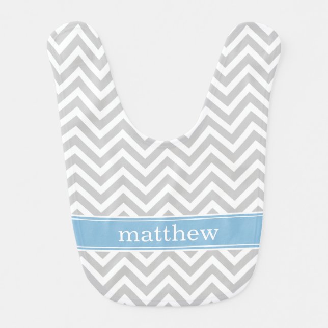 Gray and Sky Blue Chevron Monogram Bib (Front)