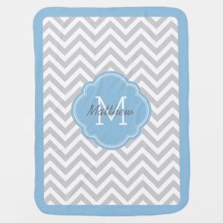 Gray and Sky Blue Chevron Monogram Receiving Blanket