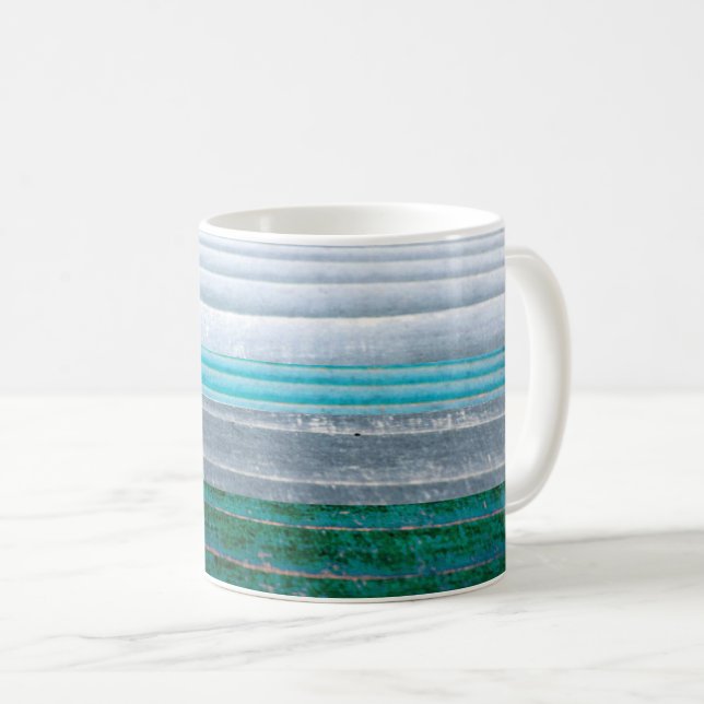 Gray and Teal Blue Striped Natural Wood Coffee Mug (Front Right)