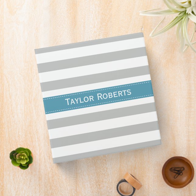 Gray and Teal Blue Wide Stripes Pattern 3 Ring Binder (In Situ)