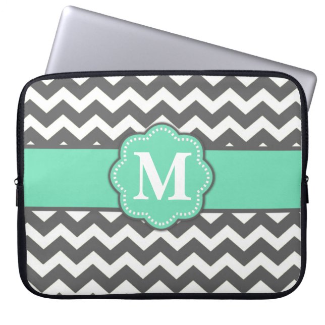 Gray and Teal Chevron Monogram Laptop Sleeve (Front)