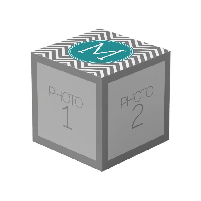 Gray and Teal Chevrons - Custom Monogram Cube (Front Angled)