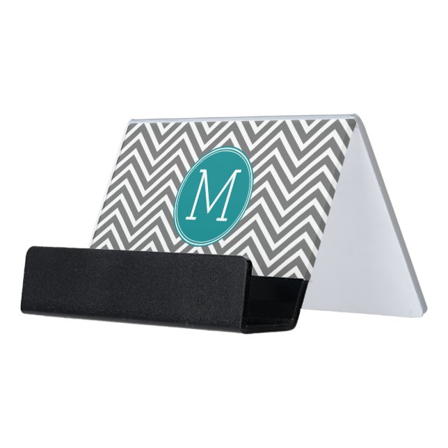 Gray and Teal Chevrons - Custom Monogram Desk Business Card Holder (Angled Front)