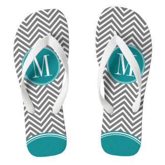 Gray and Teal Chevrons with Custom Monogram Flip Flops