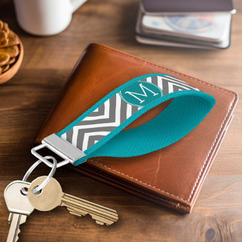 Gray And Teal Chevrons With Custom Monogram Wrist Keychain by MarshEnterprises at Zazzle