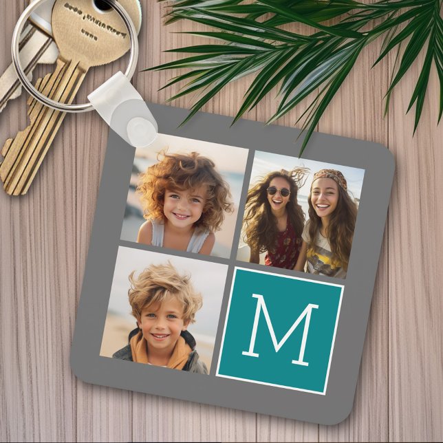 Gray and Teal Instagram Photo Collage Monogram Keychain (Personalized keychain - Photo Collage)