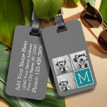 Gray and Teal Instagram Photo Collage Monogram Luggage Tag<br><div class="desc">Use 3 square photos to create a unique and personal gift. Or you can keep the hipster puppy and make a trendy keepsake. If you need to adjust the pictures,  click on the customize tool to make changes.</div>