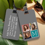 Gray and Teal Instagram Photo Collage Monogram Luggage Tag<br><div class="desc">Use 3 square photos to create a unique and personal gift. Or you can keep the hipster puppy and make a trendy keepsake. If you need to adjust the pictures,  click on the customize tool to make changes.</div>