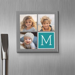 Gray and Teal Instagram Photo Collage Monogram Magnet<br><div class="desc">Use 3 square photos to create a unique and personal gift. Or you can keep the hipster puppy and make a trendy keepsake. If you need to adjust the pictures,  click on the customize tool to make changes.</div>
