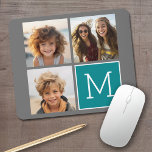 Gray and Teal Instagram Photo Collage Monogram Mouse Pad<br><div class="desc">Use 3 square photos to create a unique and personal gift. Or you can keep the hipster puppy and make a trendy keepsake. If you need to adjust the pictures,  click on the customize tool to make changes.</div>