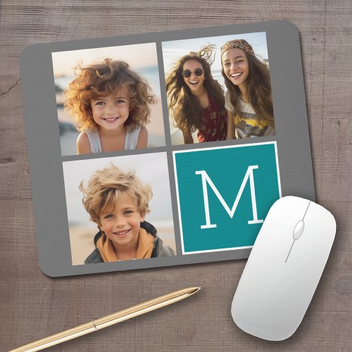 Gray and Teal Instagram Photo Collage Monogram Mouse Pad