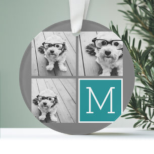 Gray and Teal Instagram Photo Collage Monogram Ornament