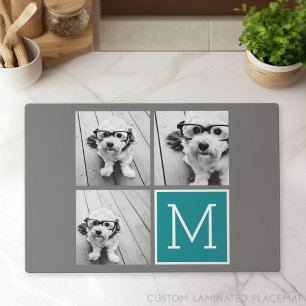 Gray and Teal Instagram Photo Collage Monogram Placemat