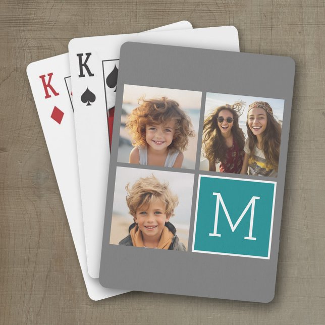 Gray and Teal Instagram Photo Collage Monogram Poker Cards (Personalized playing cards with a fun area to add photos and text such as a name or monogram)