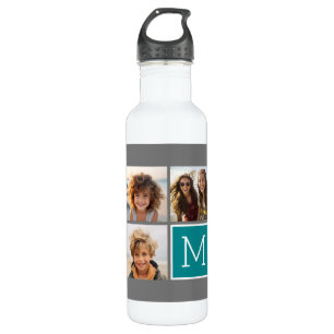 Gray and Teal Instagram Photo Collage Monogram Stainless Steel Water Bottle