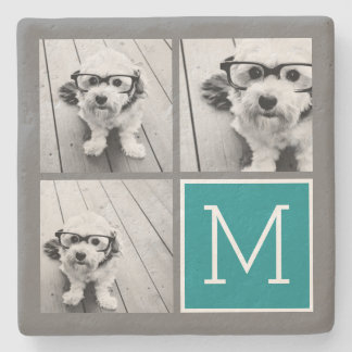 Gray and Teal Instagram Photo Collage Monogram Stone Coaster
