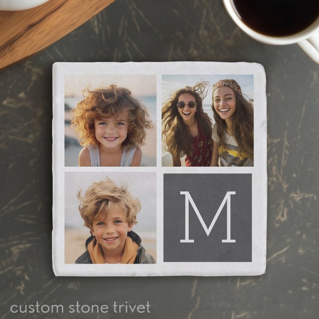 Gray and Teal Instagram Photo Collage Monogram Trivet (Custom Stone Trivet with a Photo Collage and Text)