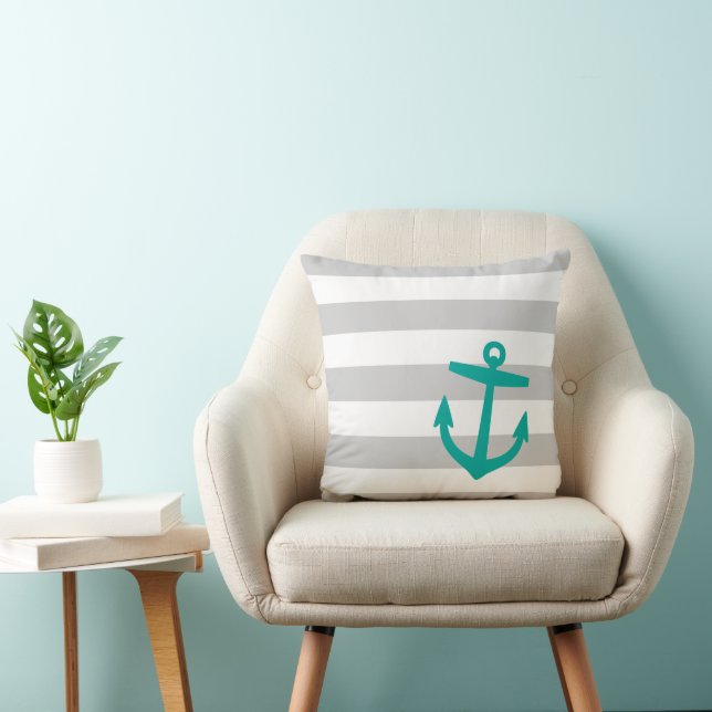 Gray and Teal Nautical Stripes and Anchor Throw Pillow (Chair)