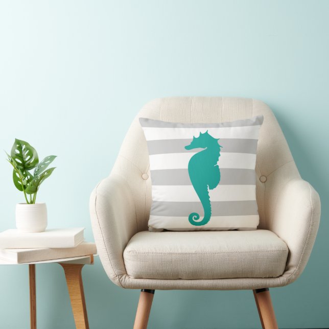 Gray and Teal Nautical Stripes and Cute Seahorse Throw Pillow (Chair)