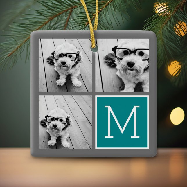 Gray and Teal Photo Collage Monogram Ceramic Ornament (Personalized photo ornament)