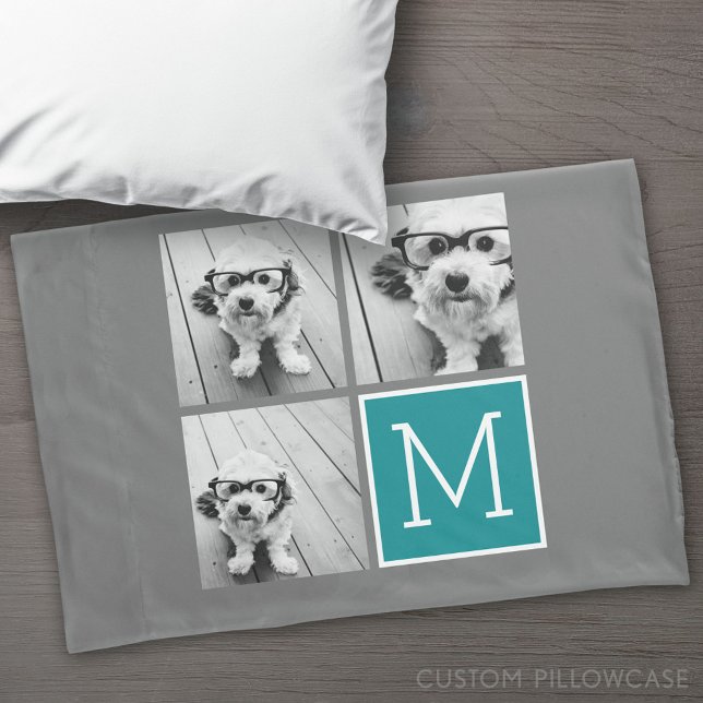 Gray and Teal Photo Collage Monogram Pillowcase (Custom Pillowcase)
