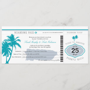 Gray and Teal Puerto Rico Boarding Pass Wedding Invitation