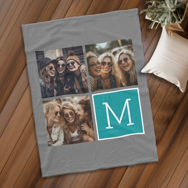 Gray and Teal Square 3 Photo Collage Monogram Fleece Blanket (Personalized fleece blanket with 3 photos and custom text - Makes a great Gift)