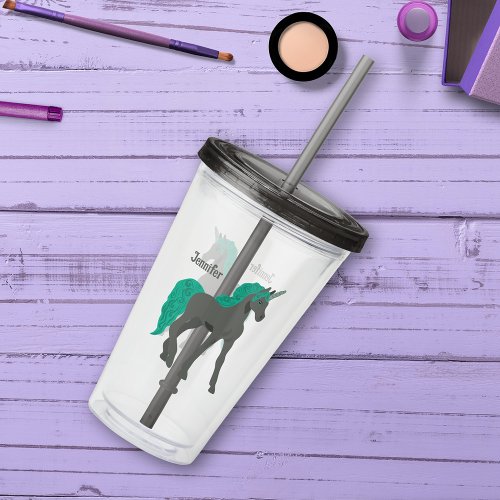 Gray and Teal Unicorn Personalized Acrylic Tumbler