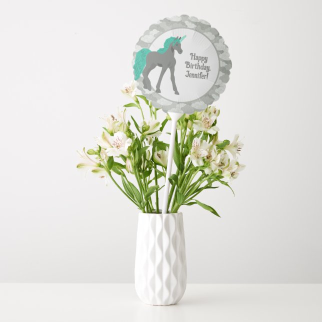 Gray and Teal Unicorn Personalized Balloon (Vase)