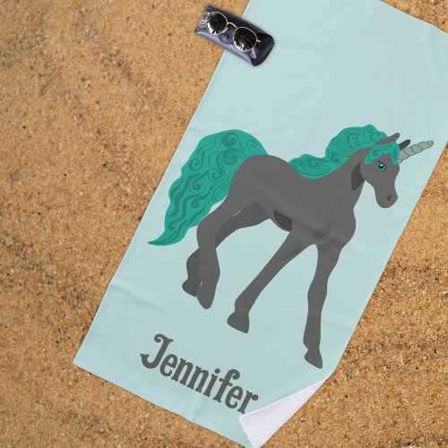 Gray and Teal Unicorn Personalized Beach Towel
