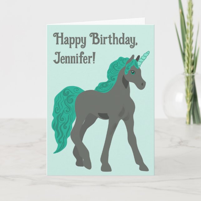 Gray and Teal Unicorn Personalized Birthday Card (Front)