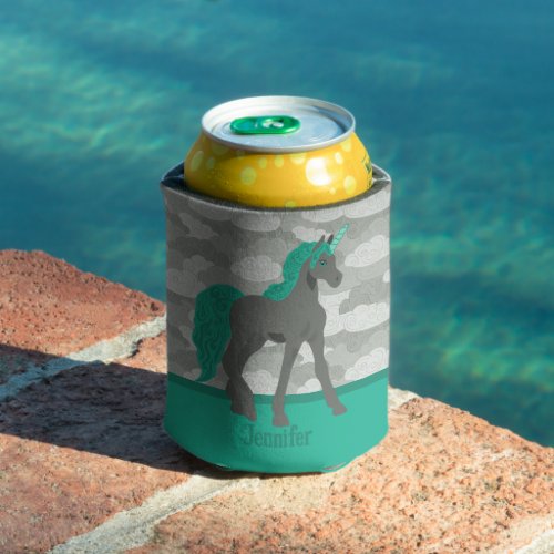 Gray and Teal Unicorn Personalized Can Cooler