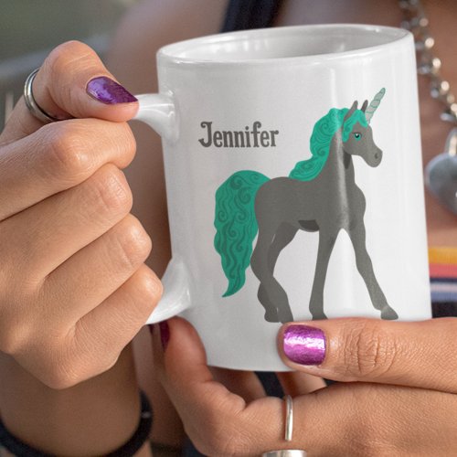 Gray and Teal Unicorn Personalized Coffee Mug