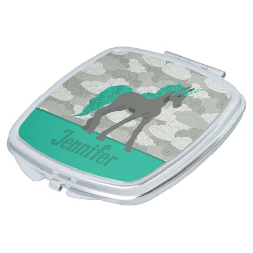 Gray and Teal Unicorn Personalized Compact Mirror