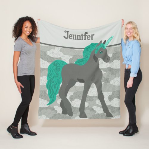 Gray and Teal Unicorn Personalized Fleece Blanket