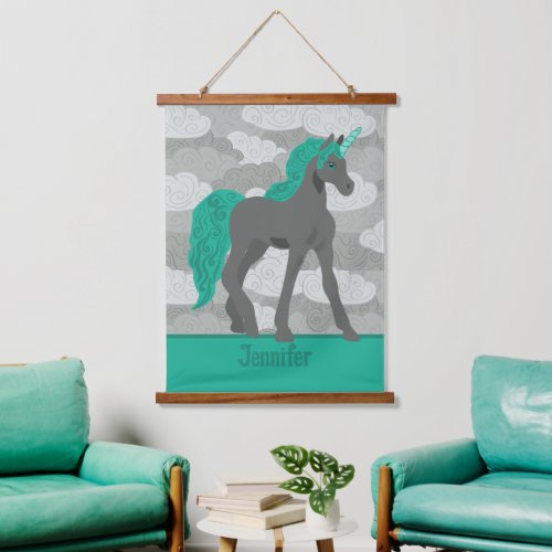 Gray and Teal Unicorn Personalized Hanging Tapestry