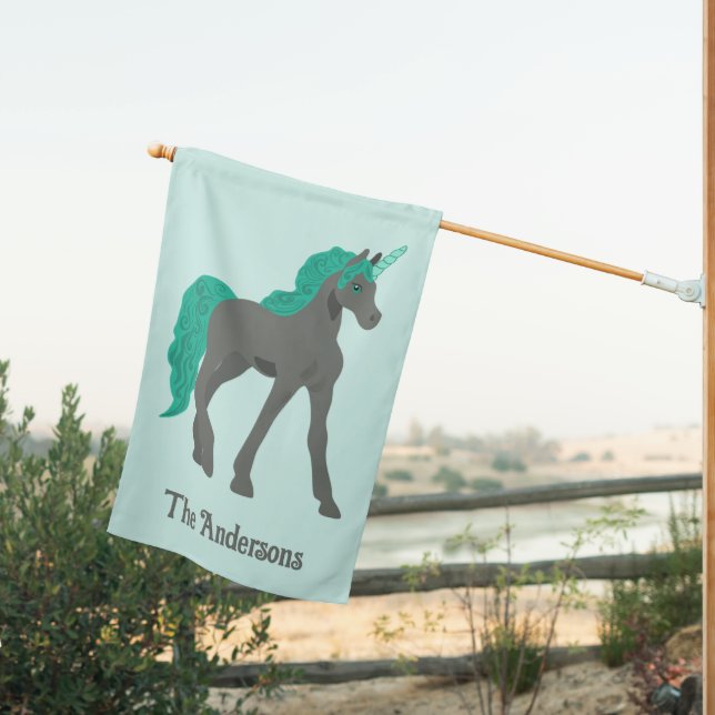 Gray and Teal Unicorn Personalized House Flag (Insitu (Back))