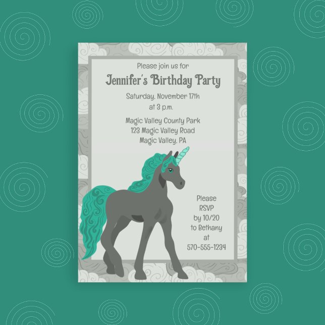 Gray and Teal Unicorn Personalized Invitation (Creator Uploaded)